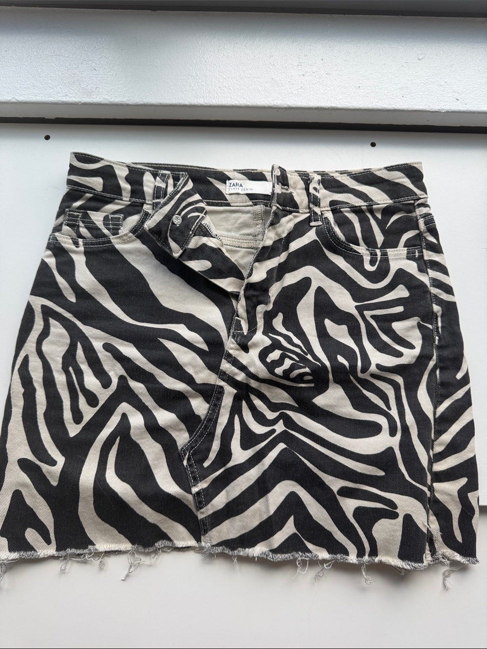 Zara Black & Cream Zebra Pattern Denim Mini Skirt